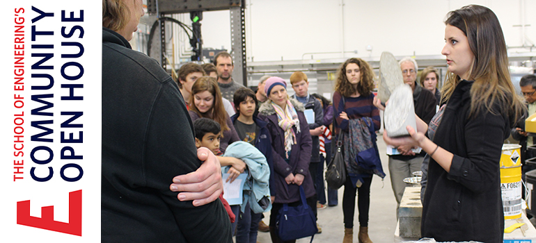 Tanya Fraser, a 3rd-year civil engineering student, speaks to lab tour participants in the School of Engineering Structures Laboratory.